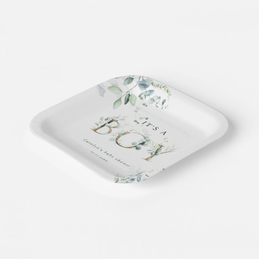 Eucalyptus Botanical Gold Letter Boy Baby shower Papieren Bordje (Gebogen)