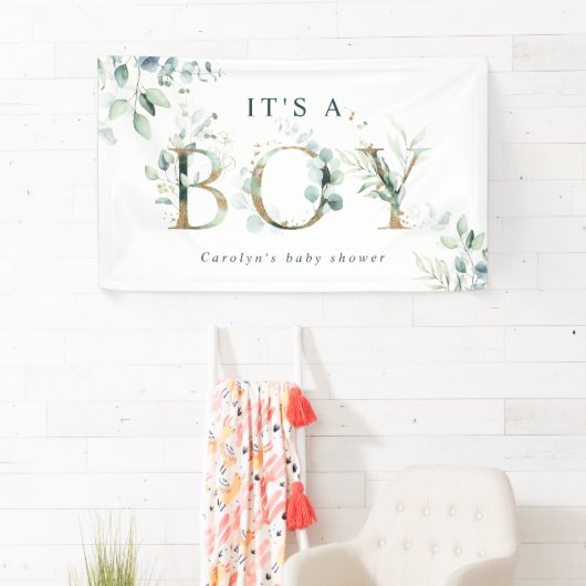 Eucalyptus Botanical Gold Letter Boy Baby shower Spandoek (Insitu)