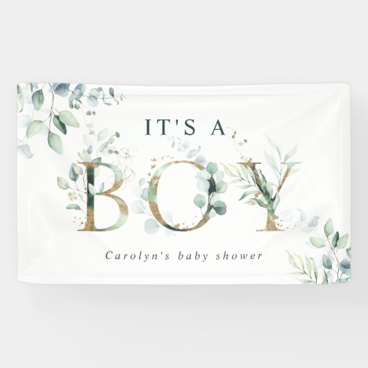 Eucalyptus Botanical Gold Letter Boy Baby shower Spandoek (Horizontaal)