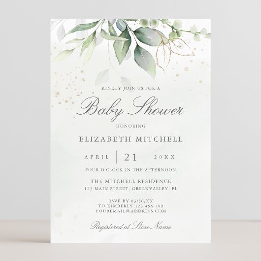 Eucalyptus Botanical Gold Modern Baby shower Kaart