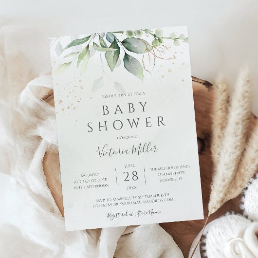 Eucalyptus Botanical Gold Modern Baby shower Kaart
