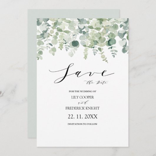 Eucalyptus Botanical Green Wedding Save The Date (Voorkant / Achterkant)