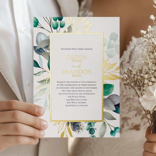 Eucalyptus Botanical Greenery Garden Wedding Gold Folie Uitnodiging