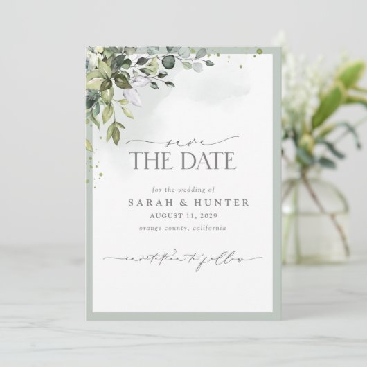 Eucalyptus Botanical Greenery Script Photo Weddens Save The Date (Staand voorkant)