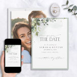 Eucalyptus Botanical Greenery Script Photo Weddens Save The Date<br><div class="desc">Creëer de perfecte bruiloft Sparen de kaart van de Datum met dit , moderne ontwerp dat een waterverf eucalyptus botanical greenery motief, en handgeschreven manuscripttypografie kenmerkt. De achterkant van de kaart is voorzien van uw favoriete foto van het verloving. De ontwerper van het contact voor de passende producten. Copyright Elegant...</div>