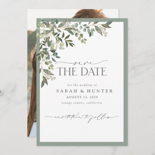Eucalyptus Botanical Greenery Script Photo Weddens Save The Date (Voorkant / Achterkant)