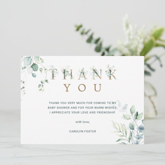 Eucalyptus Botanical Letter Baby shower Bedankkaart (Staand voorkant)
