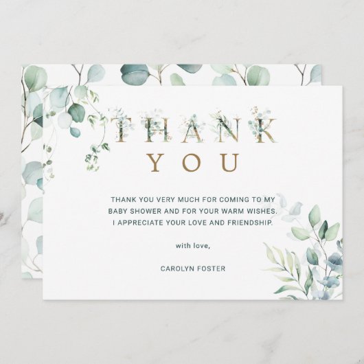 Eucalyptus Botanical Letter Baby shower Bedankkaart (Voorkant / Achterkant)