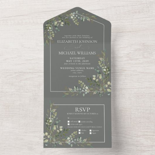 Eucalyptus Botanical Sage Green Meals Weddenschap All In One Uitnodiging (Binnen)