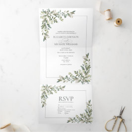 Eucalyptus Botanical Sage Green Meals Weddenschap Drieluik Uitnodiging