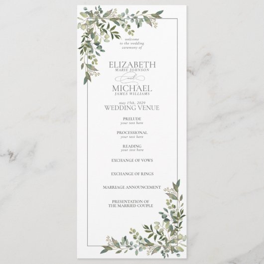 Eucalyptus Botanical Sage Green Script Weddenschap Programmakaart (Voorkant)