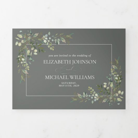Eucalyptus Botanical Sage Green Script Wedding Tri Drieluik Uitnodiging (Cover)