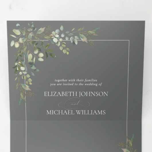 Eucalyptus Botanical Sage Green Script Wedding Tri Drieluik Uitnodiging (Binnenzijde eerst)