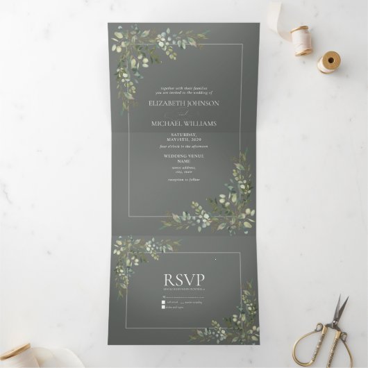 Eucalyptus Botanical Sage Green Script Wedding Tri Drieluik Uitnodiging (Binnen)