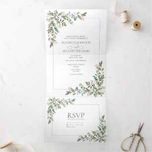 Eucalyptus Botanical Sage Green Script Wedding Tri Drieluik Uitnodiging