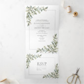 Eucalyptus Botanical Sage Green Script Wedding Tri Drieluik Uitnodiging (Binnen)