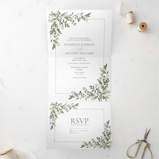 Eucalyptus Botanical Sage Green Script Wedding Tri Drieluik Uitnodiging (Binnen)