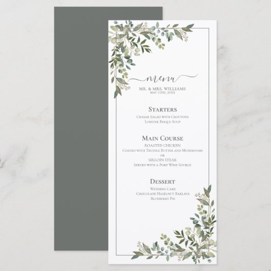 Eucalyptus Botanical Sage Green Wedding Menu (Voorkant / Achterkant)