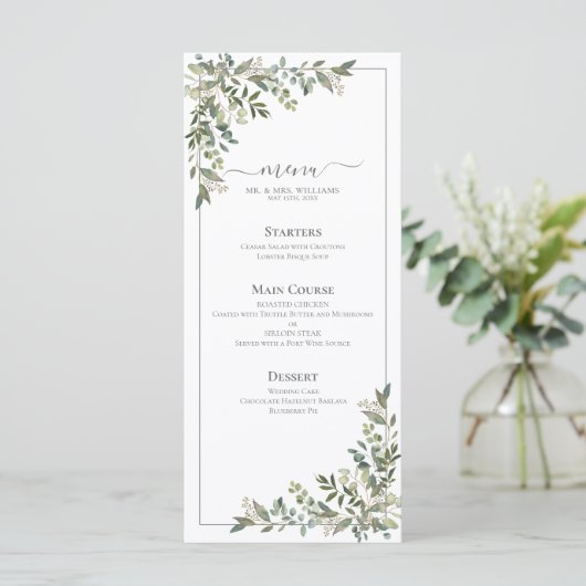 Eucalyptus Botanical Sage Green Wedding Menu (Staand voorkant)
