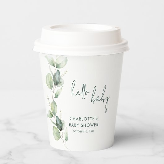 Eucalyptus Botanical Script Baby shower Papieren Bekers (Voorkant)