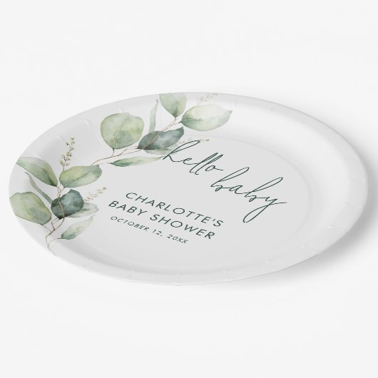 Eucalyptus Botanical Script Baby shower Papieren Bordje (Gekanteld)