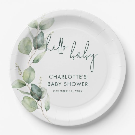 Eucalyptus Botanical Script Baby shower Papieren Bordje (Voorkant)
