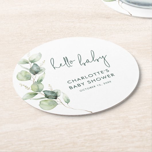 Eucalyptus Botanical Script Baby shower Ronde Kartonnen Onderzetter (Gebogen)