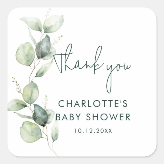 Eucalyptus Botanical Script Baby shower Vierkante Sticker (Voorkant)
