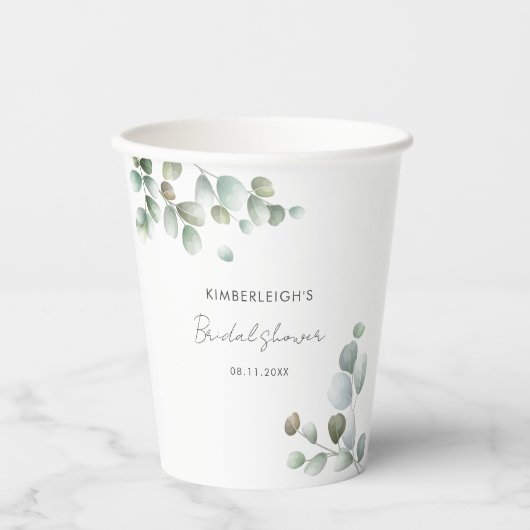 Eucalyptus Botanical Script Minimal Vrijgezellenfe Papieren Bekers (Voorkant)