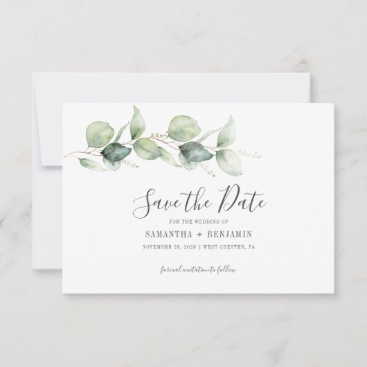 Eucalyptus botanisch blad bruiloft save the date (Voorkant)