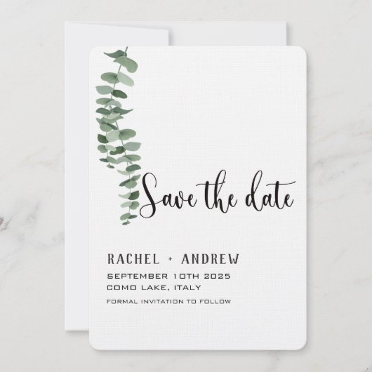 Eucalyptus botanisch Bruiloft elegant modern eenvo Save The Date (Voorkant)