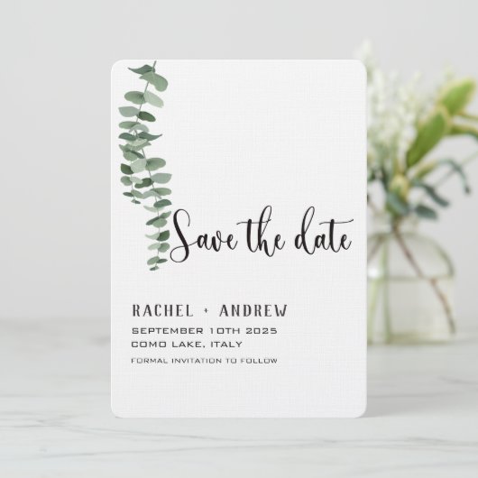 Eucalyptus botanisch Bruiloft elegant modern eenvo Save The Date (Staand voorkant)