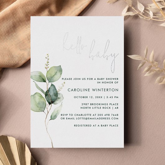Eucalyptus Botanisch Script Baby shower Zilver Folie Uitnodiging