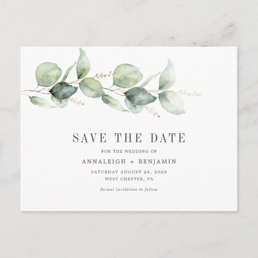 Eucalyptus botanisch script save-the-date aankondigingskaart (Voorkant)