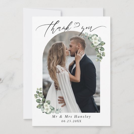 Eucalyptus botanische boog foto bruiloft bedankkaart (Voorkant)