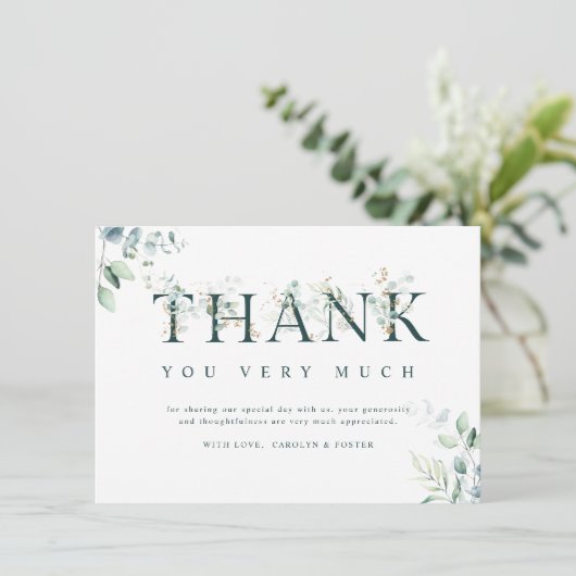 Eucalyptus botanische brief groen en wit bedankkaart (Staand voorkant)