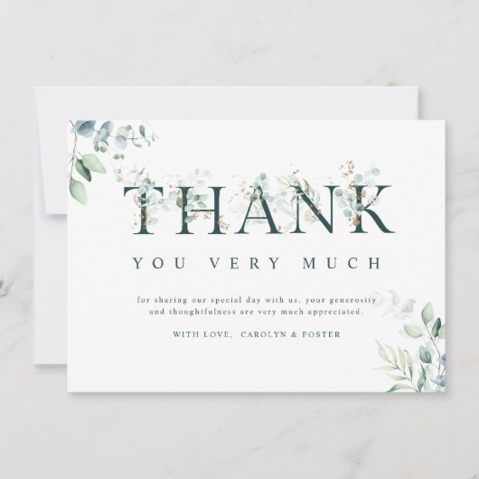 Eucalyptus botanische brief groen en wit bedankkaart (Voorkant)