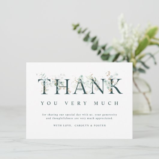 Eucalyptus botanische brief groen en wit bedankkaart (Staand voorkant)