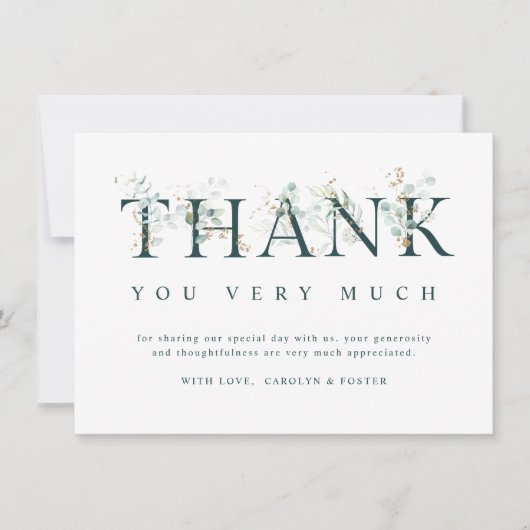 Eucalyptus botanische brief groen en wit bedankkaart (Voorkant)