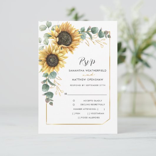 Eucalyptus botanische bruiloft QR-code zonnebloem RSVP Kaartje (Staand voorkant)