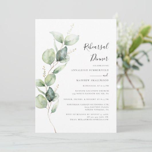 Eucalyptus Botanische bruiloft repetitie diner Kaart (Staand voorkant)