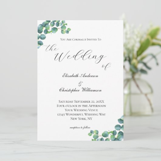 Eucalyptus Botanische Elegant Script Modern Wedden Kaart (Staand voorkant)