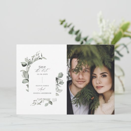 Eucalyptus botanische elegante foto simpele bruilo save the date (Staand voorkant)