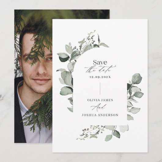 Eucalyptus botanische elegante foto simpele bruilo save the date (Voorkant / Achterkant)