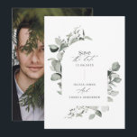 Eucalyptus botanische elegante foto simpele bruilo save the date<br><div class="desc">Eucalyptus botanische elegante moderne foto eenvoudig stijlvol huwelijk</div>