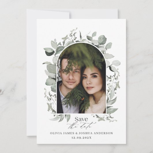 Eucalyptus botanische elegante foto simpele trouw save the date (Voorkant)