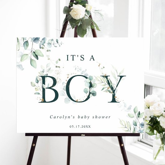 Eucalyptus Botanische Green Letter Boy Baby shower Poster