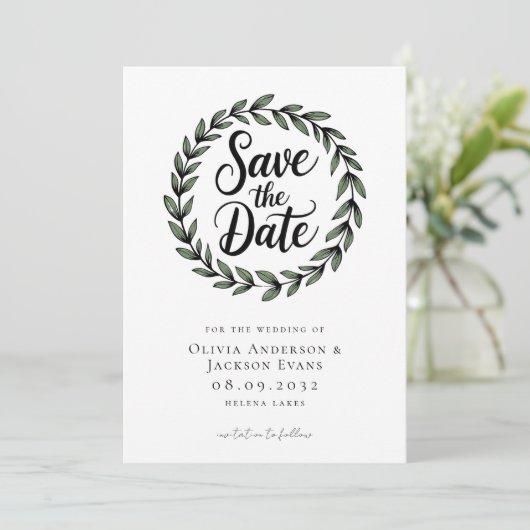 Eucalyptus botanische krans foto bruiloft save the date (Staand voorkant)