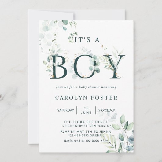 Eucalyptus Botanische Letter Boy Baby shower Kaart (Voorkant)