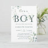 Eucalyptus Botanische Letter Boy Baby shower Kaart (Staand voorkant)